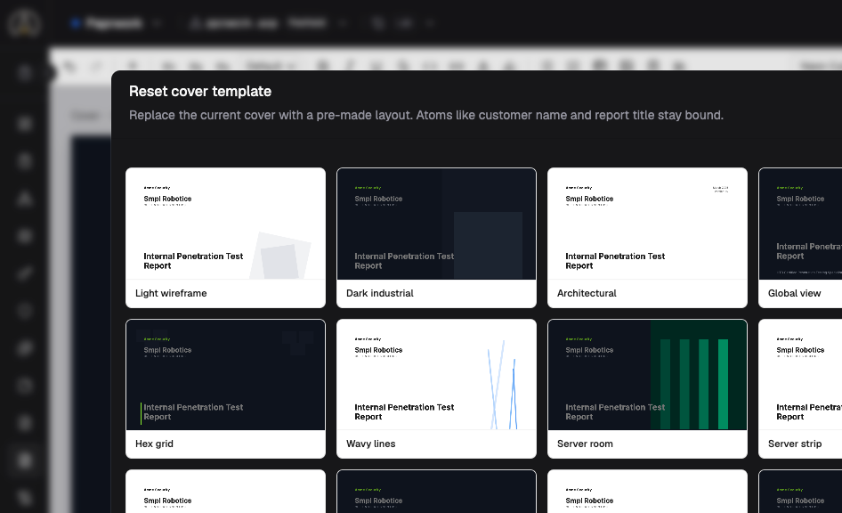 AttackCompass cover template picker with pre-made report layouts